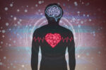 Silhouette of human body highlighting brain and heart
